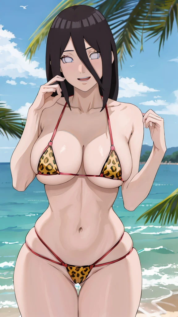 (masterpiece, 4K, highest quality, anime style: 1.9, Detailed face, Lovely, Ocean,Bold Line, High resolution, anime, Lake 4. alone, Curvaceous, Thighs, Cleavage, Center of chest, smile, Please open your mouth wide, Very slim belly, Cowboy Shot, Leopard print bikini,1 girl,NARUTOanime風,