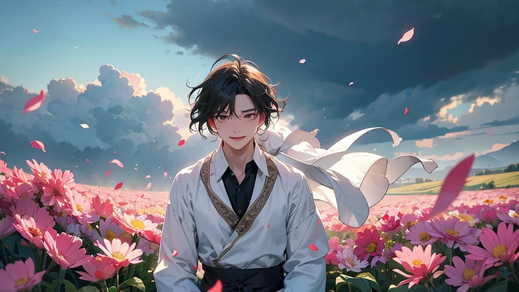 a sudden gust of wind blows through the field, causing the vibrant flowers to wither and petals to scatter, the man’s expression shifting from joy to concern.