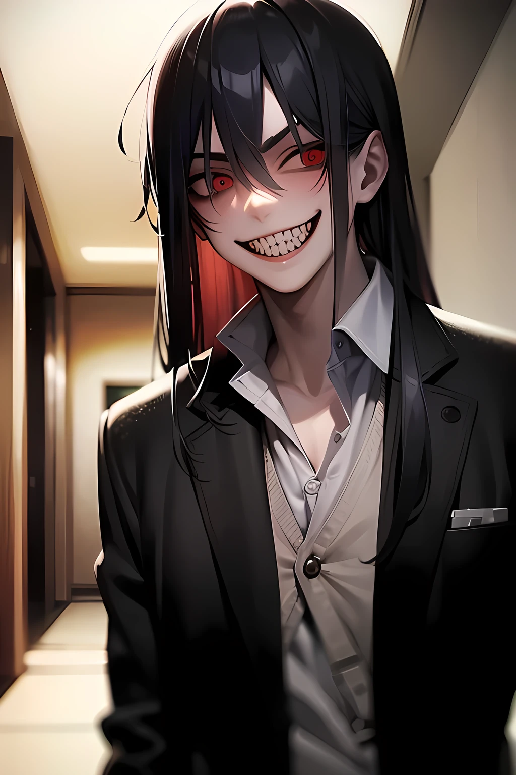 masterpiece, inside school hallways, male student grinning psychotically, scary face, psycho, looking directly at viewer with a wide grin, scary guy, terrifying, very manly, male, man