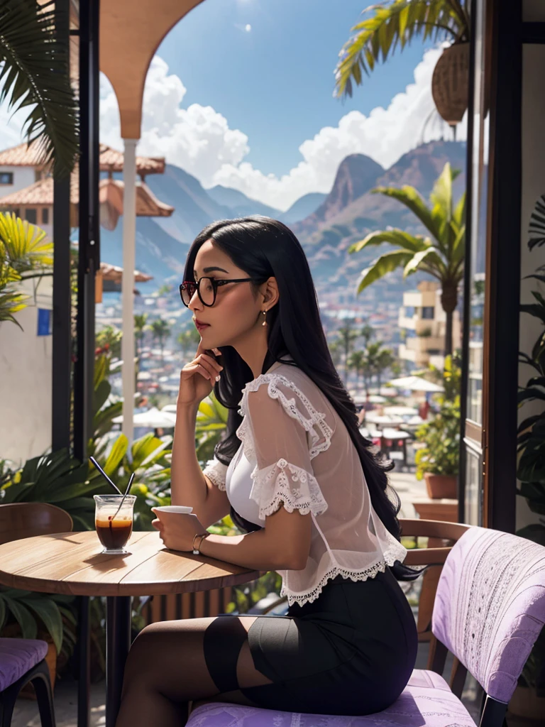 Isabella from encanto, busty, sexy. pencil skirt, white open blouse. Hamaca, full body, circular glasses, long black hair, purple lace bra, side slit, whale tail g string, sitting at cafe, drinking coffee, side view