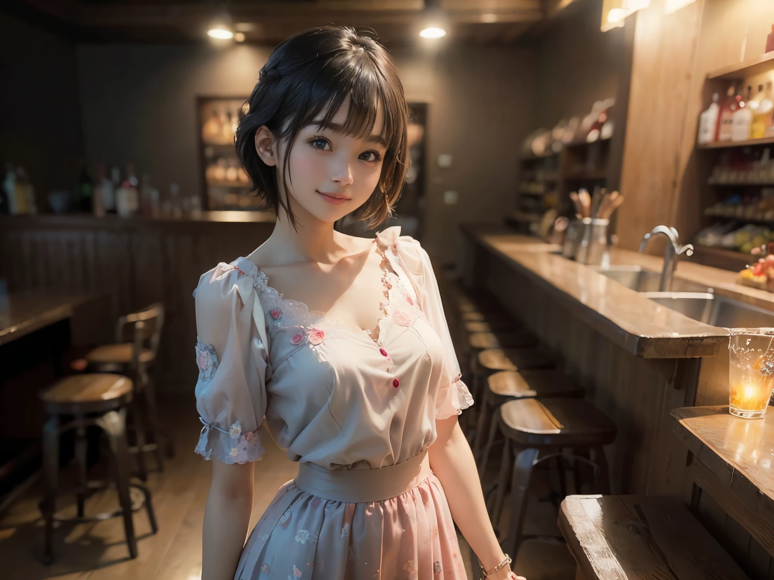 (Highest quality, masterpiece, Ultra-high resolution, 8k, RAW Photos, Realistic, Anatomically correct:1.5), 20-year-old girl:1.2, Embarrassing, avert your eyes, blush:1.0, View Viewer, ((bar)) 、Large windows、Night view、 Light:1.2, Bokeh, Cinema Lighting:1.0, Depth of written boundary, sharp、 Cute Face、Idol、(Black short sleeve lace top)、(Black tulle skirt)、(wine colored clothes)、(Floral clothes)、”dwarf”、(Full Body Shot)、(Side angle)、Cowboy Shot、( smile)、((Ultra short hair、Berry Short))、(Straight bangs)、((See-through))、(( One woman))、look back、I can see your belly button、