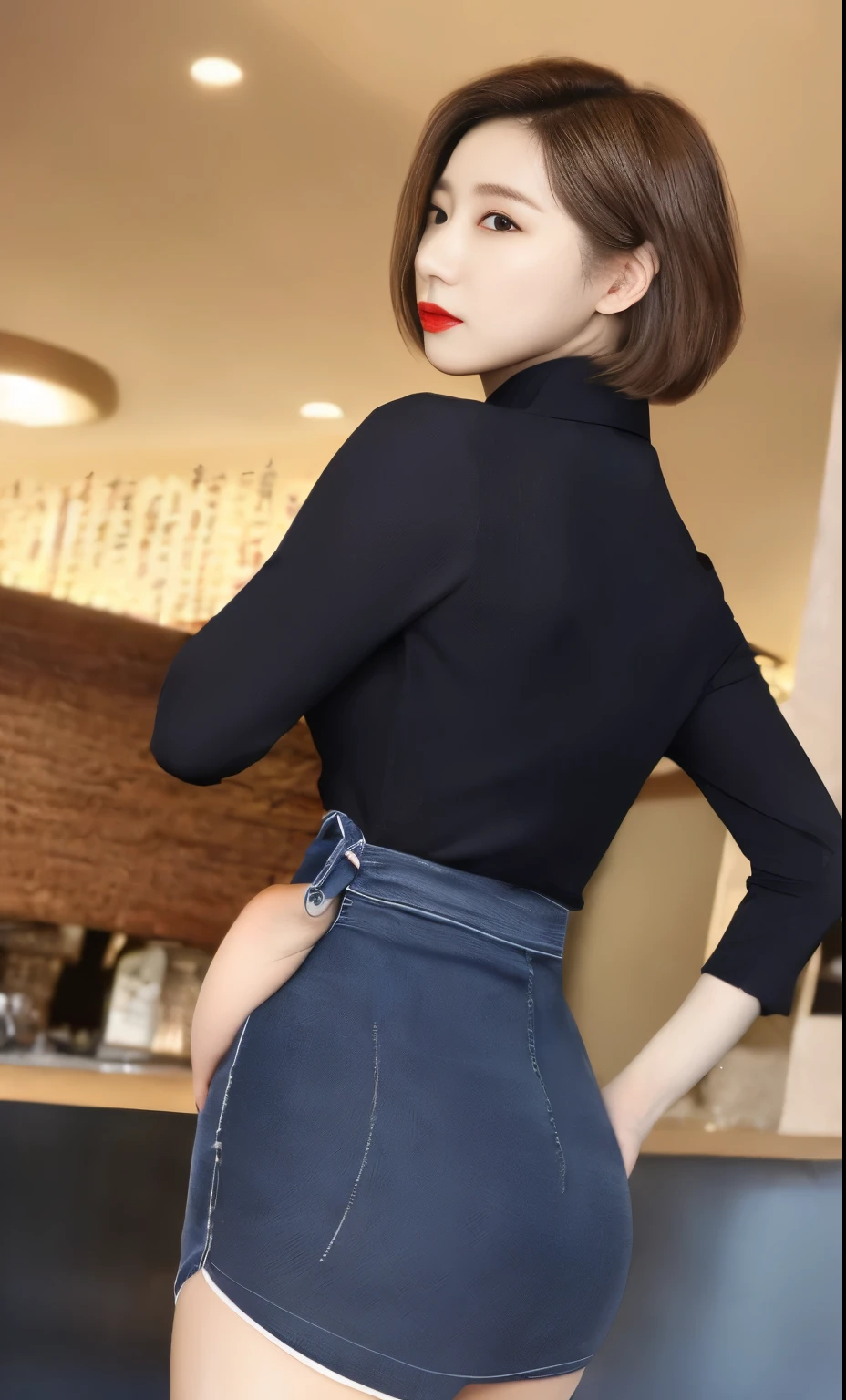 (a pretty woman with perfect figure, huge breasts, brown short hair, highly detailed face and skin texture, make-up face with red lipstick, wearing , long legs, tight t-shirt dress with no sleeves, standing and looking back, visible from behind, shot from the back angle, back detail, in the cafe, (best quality, 8k, masterpiece:1.3), sharp focus:1.2, cowboy_shot, safe for work, (sexy Korea mommy:1.4), (big breasts:1.3))