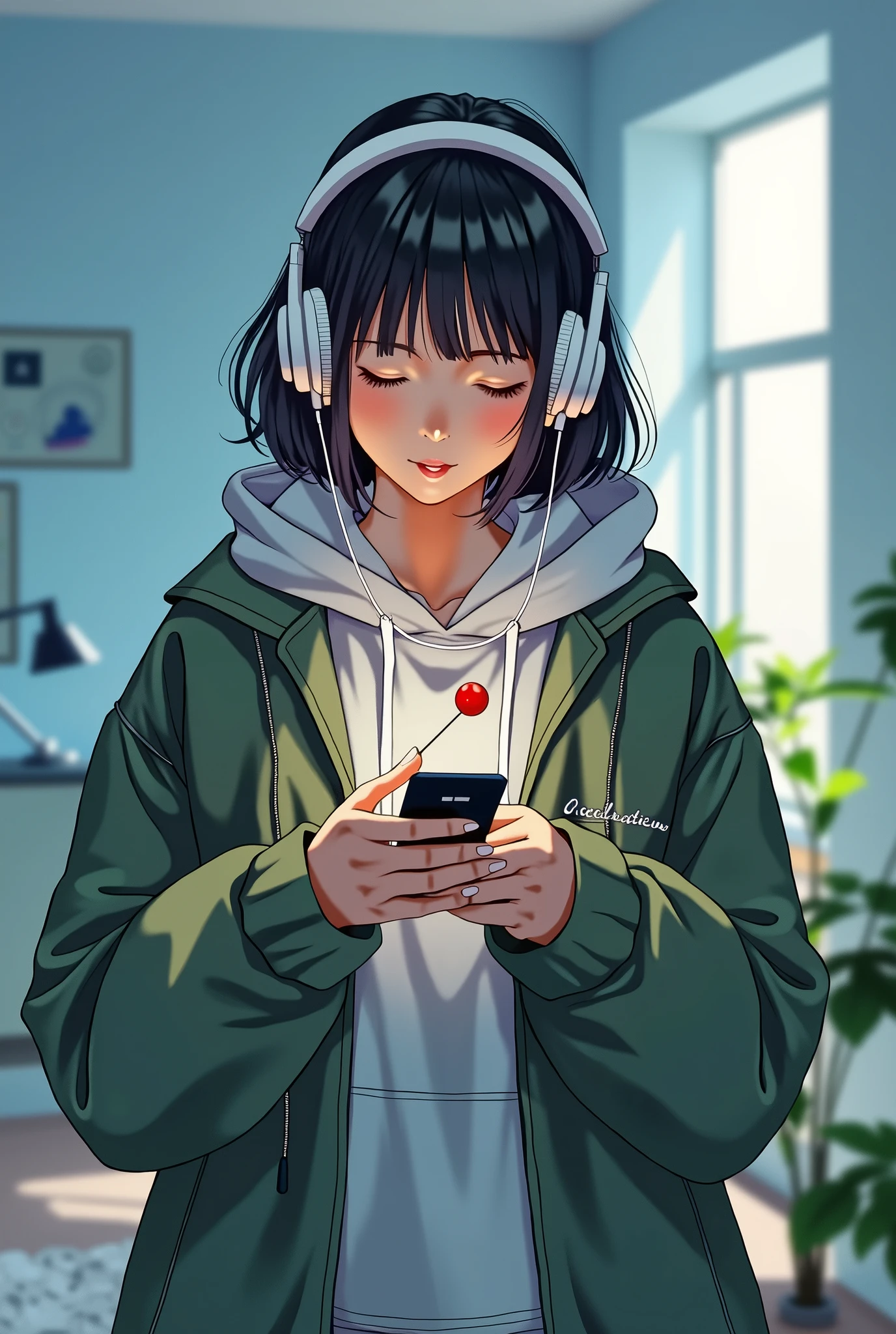 Anime girl with headphones on looking at her phone - SeaArt AI