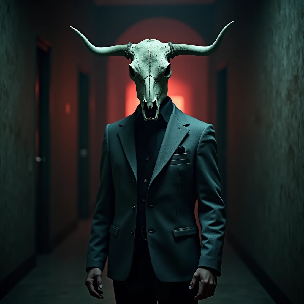 A man in a black suit and a bull skull, whose front part is destroyed on the right side, instead of head, in a dark environment and with a small hanging lamp emitting a dim light.