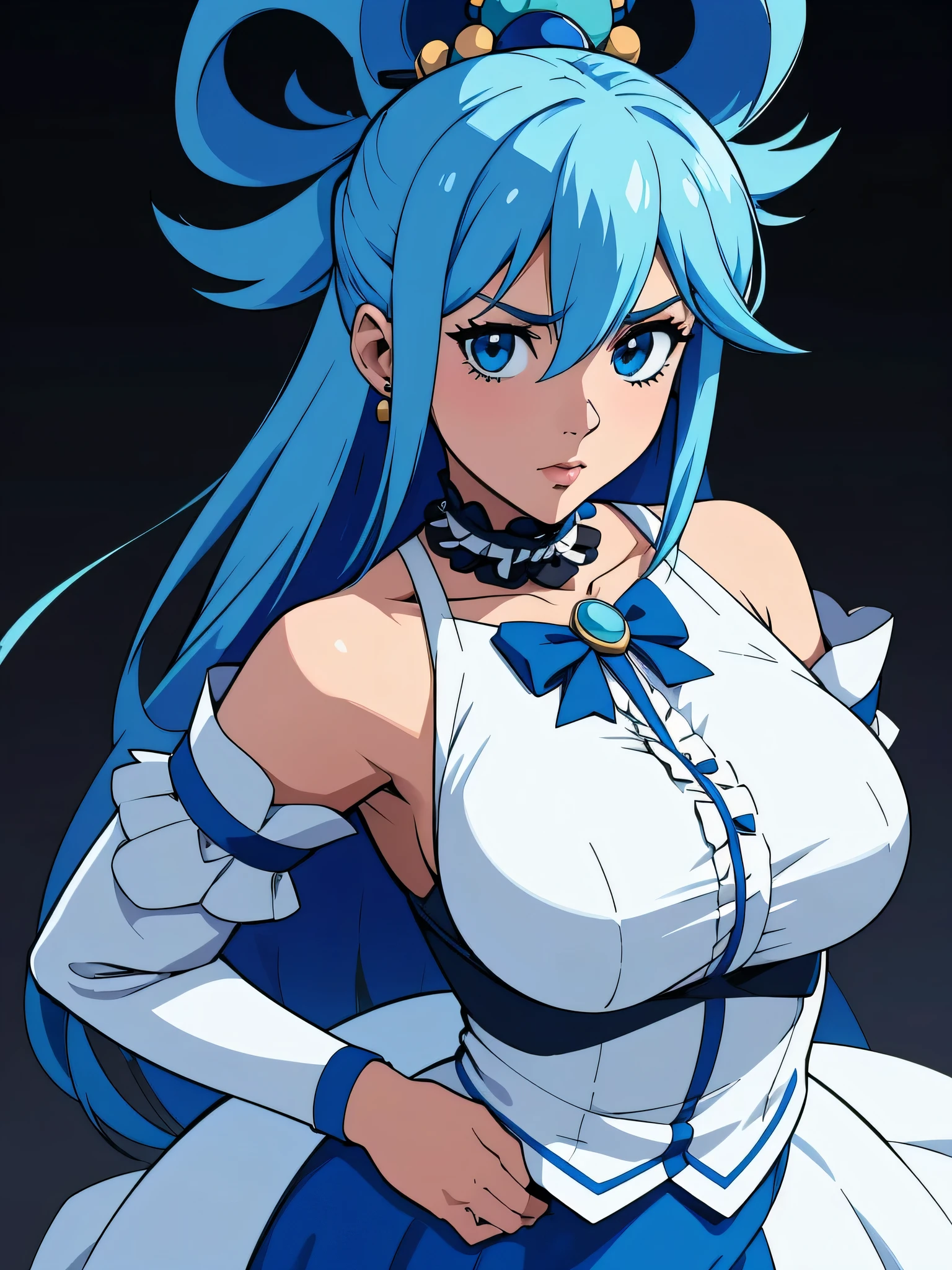 aqua from konosuba, long blue hair, in a white off-the-shoulder dress with frills, lace detailing, and a blue bow, complemented by a black choker, Several earrings, and white cuffs on the wrists, striking a confident pose, one hand rests on the hip, I look into the distance. the skin is smooth and light., with glossy trim on high white stockings. The lighting is even., creating a clear and distinct image on a plain background, contributing to the creation of a stylish and slightly avant-garde atmosphere.