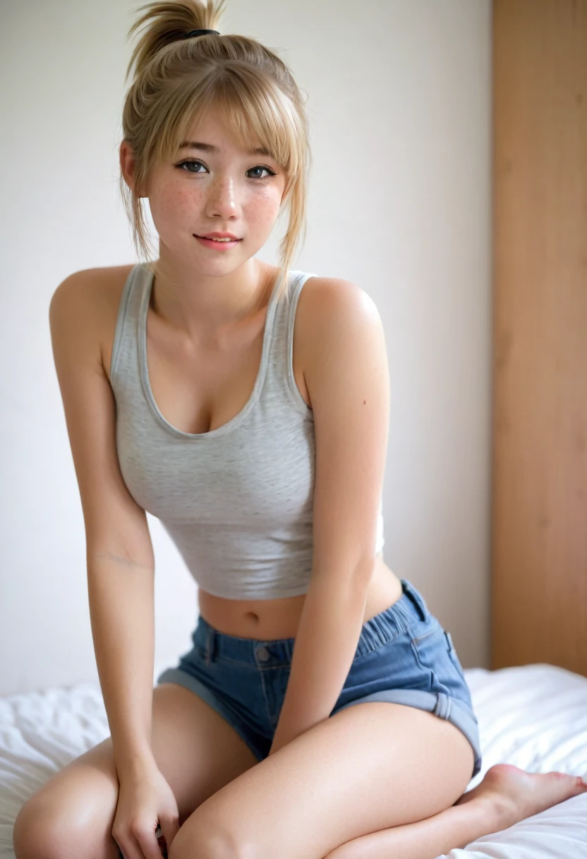 A cute 1 girl, sitting on her bed on her elbows, wearing a simple form fit sleeveless top and shorts,, slender girl, dirty blonde hair, freckles, blushing, age 18, low ponytail, hair pushes off to the side 