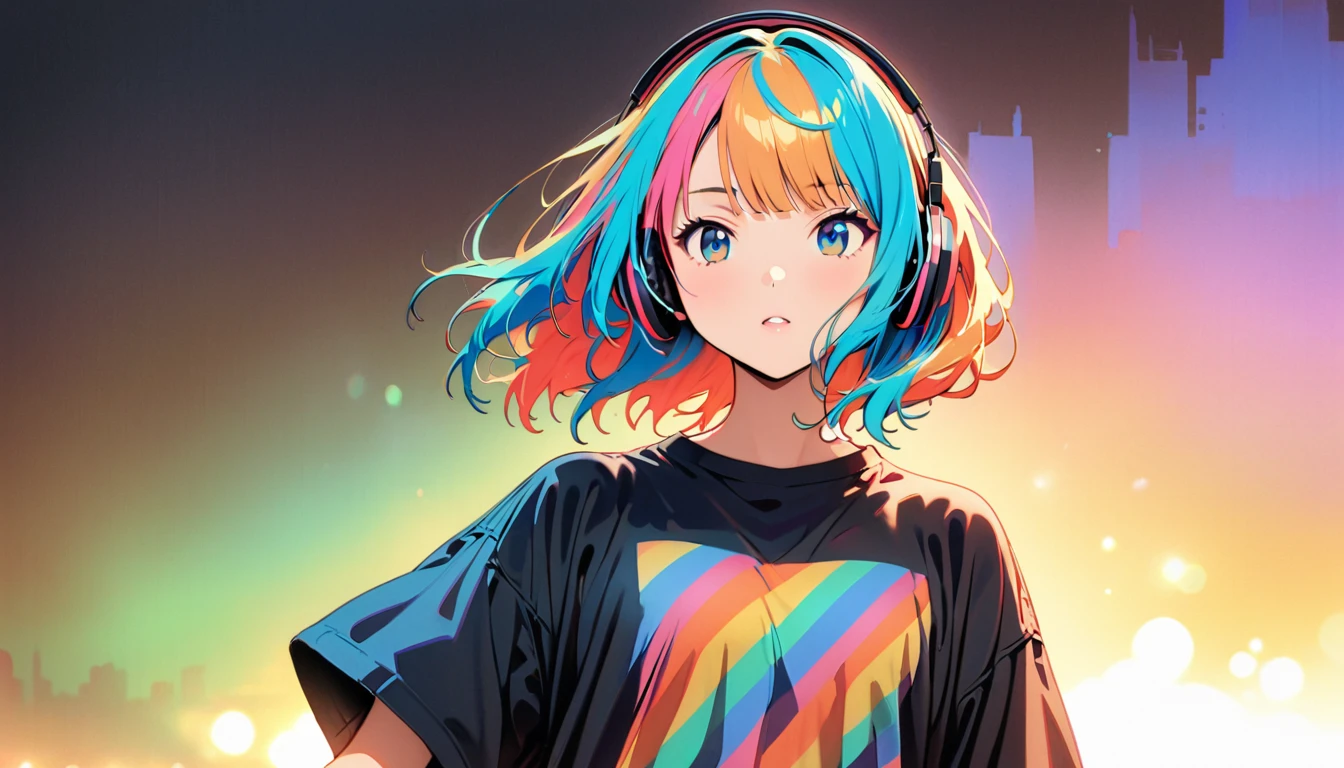 (Highest quality:1.2, City Pop Style, Very detailed, Latest, Vibrant, High Contrast, masterpiece:1.2, Highest quality, Best aesthetics), girl, ((Face Up Shot:1.4)), Colorful Hair, Bobcut, pastel colour, 1980s style, ((Retro, Vintage, Plain background))　（Headphones）（Oversized T-shirt）Oversized T-shirts