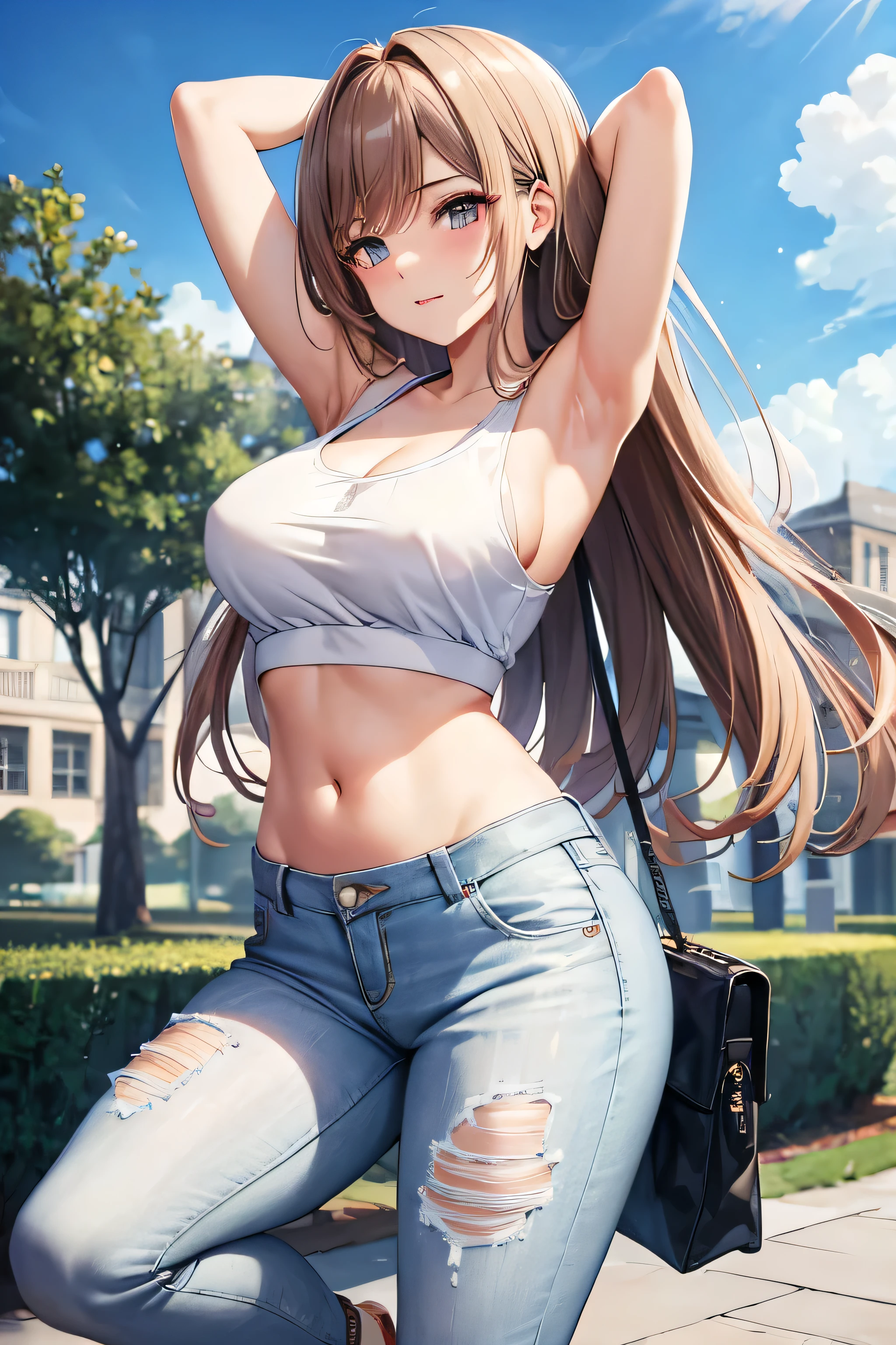 game , Goddess of Victory nods, neat , light brown hair,  captivating eyes ,beautiful face , beautiful 갈색 눈 ,  long hair , white wedding tank top, pants, jean pants, 1 handbag, cheerful eyes, ,G-cup breasts, slim waist, Alluring thighs, , Five fingers on each hand, Two hands ,two legs , in town, date, standing, beautiful, high heel, daylight, Recreational park, One arm behind the head, armpit