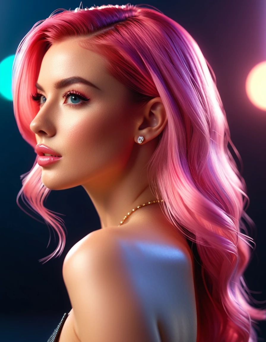 photo shot on Nikon D850, she is a rockstar., in style a glam rock,  detailed face, blushing, teasing, Alluring. highly stylized, depth of field, bokeh effect, backlit, stylish, breathtaking, visually rich, masterpiece, full body shot.