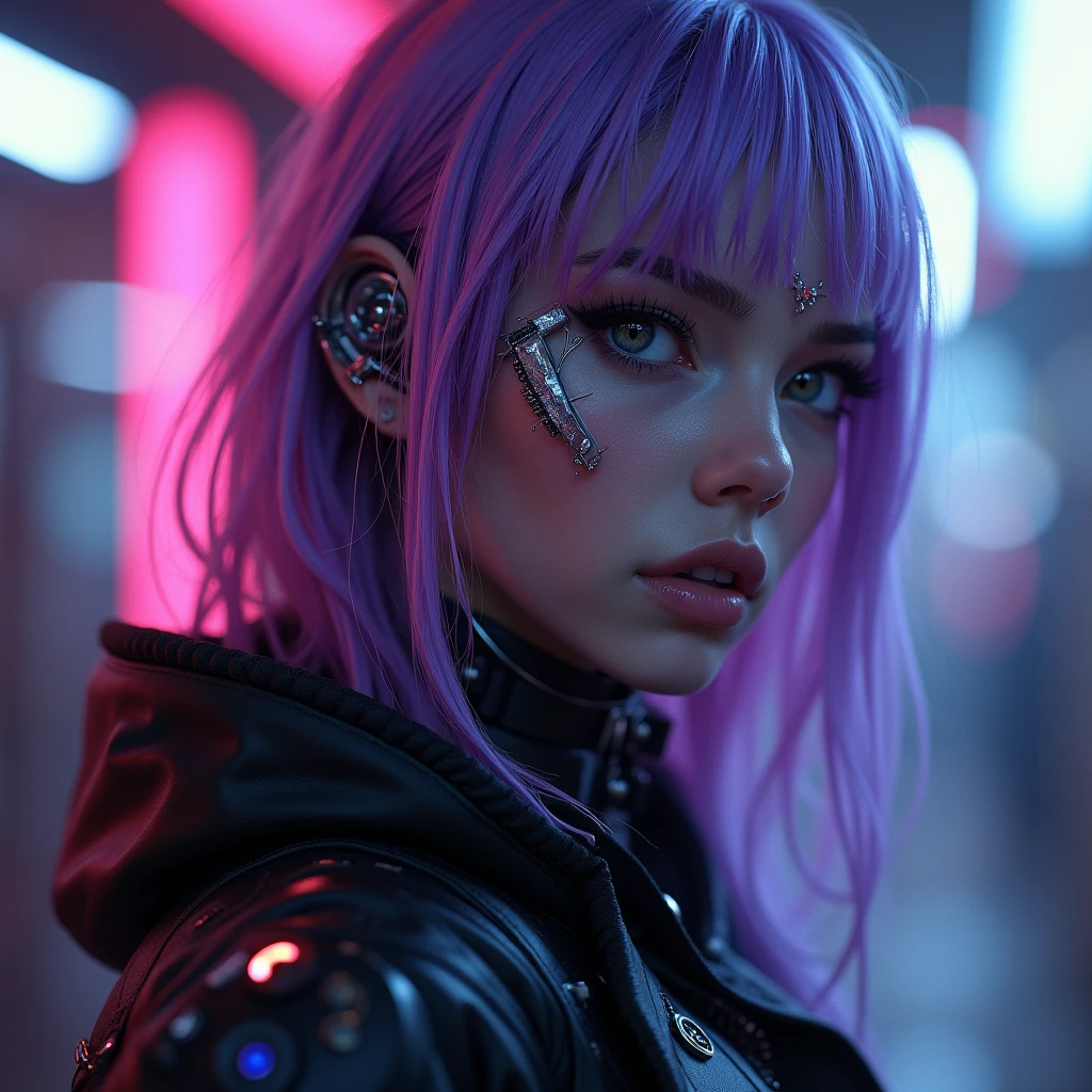 A cute fashion model (age 25, crazy hair, trendy makeup, sci fi leather club outfit, many blinking lights and gadgets), displaying her cyberpunk club wear, fashion show on the runway, full body shown