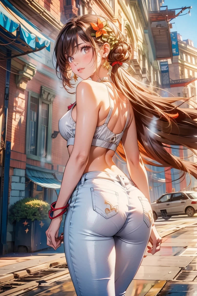 Actual, highest quality, Natural light, Clear focus, girl, Perfect body, Slim Abs, Dark brown hair, White crop top, External, street, Super Face Slimming, Squint your eyes, double eyelid, Long legs, White flakes, White Jeans, Beautiful ass, Long limbs, protruding round buttocks, Way of walking, high details, masterpiece, best quality, 8k