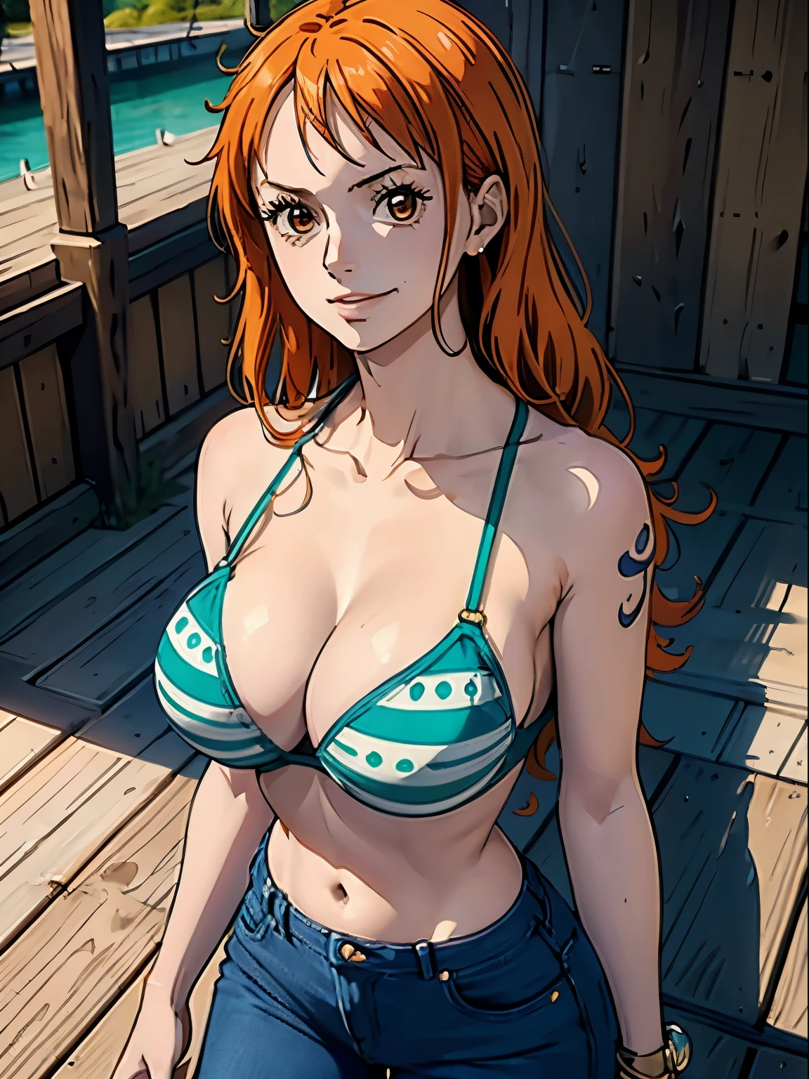 work of art, best qualityer, US, one piece, great sunlight, ideal body, hair orange, orange eyes, Grinning, blue jeans, green bra with white stripes Preparing
