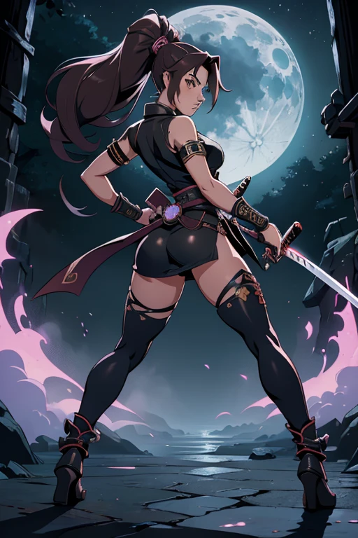 (masterpiece:1.2), (best quality,4k,8k,highres), (super-detailed), (disheveled hair), (illustration), (one girl), (full body), (fashionable ornate ninja outfit), (leather armlet), standing in a moonlit corridor at night, her body glowing with an aura illuminated by the moonlight from behind, a short sword at her waist, a Japanese katana strapped to her back, holding a kunai in her hand, showing a ready-to-attack stance