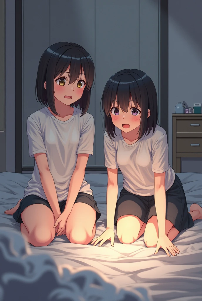 Absurd resolution, high resolution, (masterpiece: 1.4), super detailed, (((detailed face, detailed expression)), two girls, girl and girl, friends, best friends, classmates, relaxing, ponytail, bob, sitting on bed, sitting on the floor, two people conversing, background in room, friends, best friend, home, 1K, small room, curtains, bed, TV, desk, room wear, kyoto animation, The atmosphere of Kyoto Animation, (tearful)