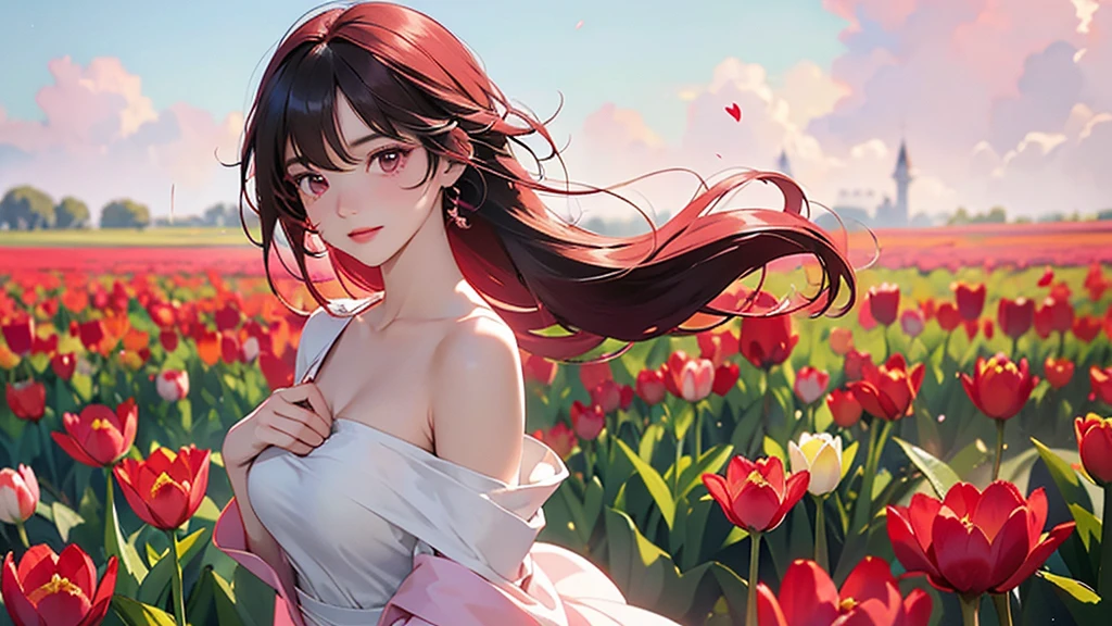 A vibrant, fully bloomed tulip standing tall in a serene meadow, its petals rich in deep red and pink hues. From the center of the tulip's bloom, a graceful woman emerges. Her upper body appears to be growing seamlessly from the heart of the flower, as if she is one with it, her skin glowing softly in the sunlight.