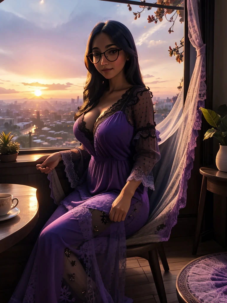 Isabella from encanto, busty, sexy. Hamaca, full body, circular glasses, long black hair, purple lace nightgown, bedroom, drinking tea, both hands holding mug, looking out window, sunset