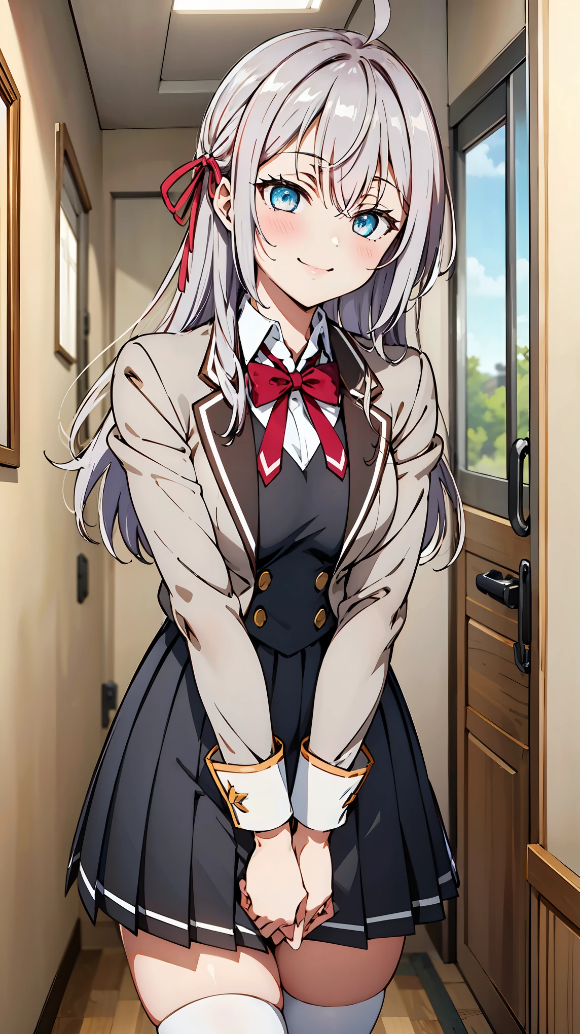 ((masterpiece, best quality, highres)), depth of field, BREAK, 1girl, smile, blush, cowboy shot, BREAK, (indoor), school corridor, BREAK, AlisaMikhailovna, long hair, silver hair, blue eyes, ahoge, hair red ribbon, BREAK, long sleeves, school uniform, white shirt, pleated skirt, collared shirt, open jacket, blazer, red bowtie, grey jacket, pleated dress, white thighhighs, zettai ryouiki
