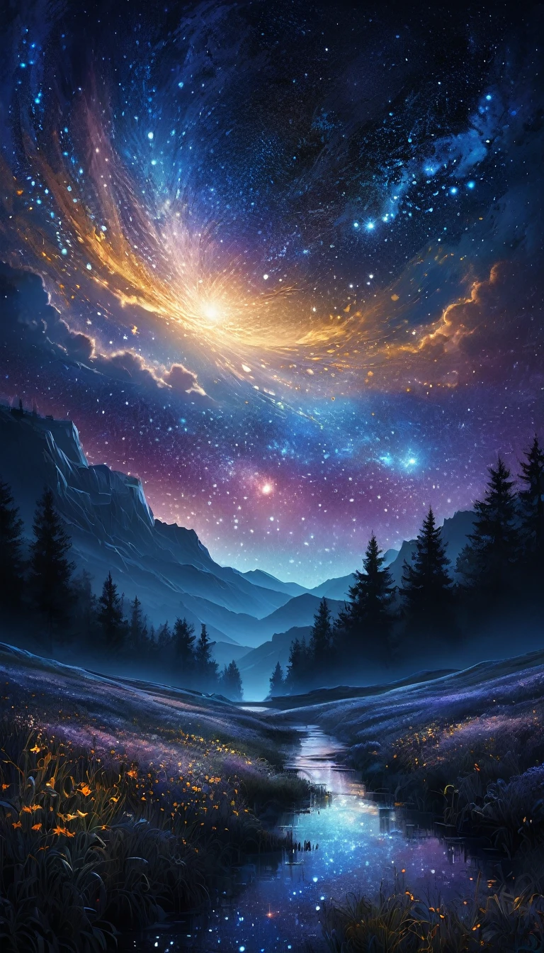 mysterious work of art painted with unusual techniques, starry sky, high and fine artwork, delicate and dynamic textures, contrasts of light and shadow, graphic CG digital art, ultra detailed, absolutely resolution, best quality