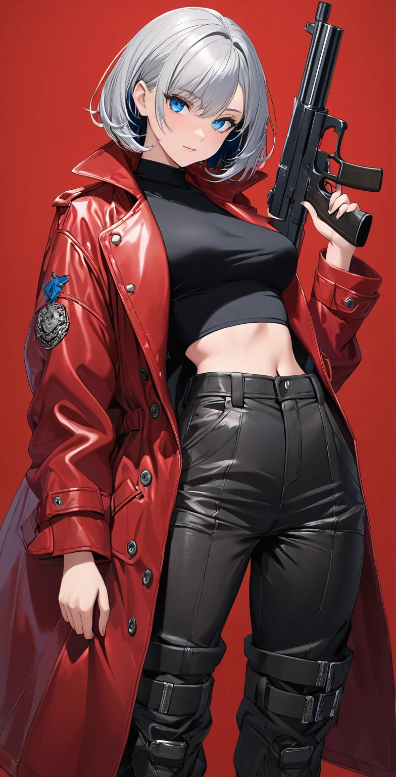 Ultra high resolution, rich colors, perfect image, top quality, detailed image, beautiful woman, glowing skin, texture of skin and clothes, delicate eyes, (((red long leather coat))), (((black inner shirt))), (((black cargo pants))), leather boots, guns in both hands, silver bob hair, blue eyes