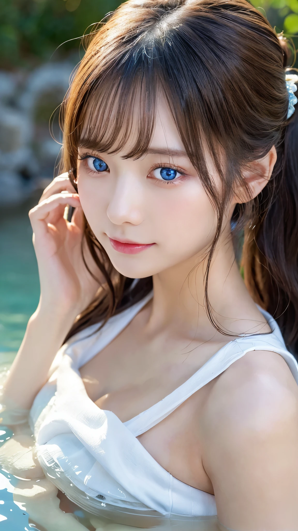 (Full body photo)、 girl), (Perfect hands:1.2), (Perfect Anatomy:1.2), (Highest quality:1.3), (masterpiece:1.3), (Very detailed:0.8), 18-year-old, Perfect Face, Cute and symmetrical face, Baby Face, Pink Lips, (:1.1), High resolution, 8K, Happy, charm的な (toru asakura: 1.3), (Beautiful Face: 1.1), beautiful girl, cute, charm, beautiful detailed 顔, blue eyes, detailed 目s, Sparkling eyes, charm的な目の反射, Sparkling eyes, Pupil depth and three-dimensional effect, Detailed skin, Shiny skin, Pool at night、Small Head,(((Small breasts)))、Slingshot、Sexy Swimwear、Erect nipples are visible、 bra
