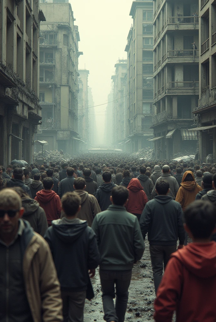 crowd of aggressive migrants in a modern city
