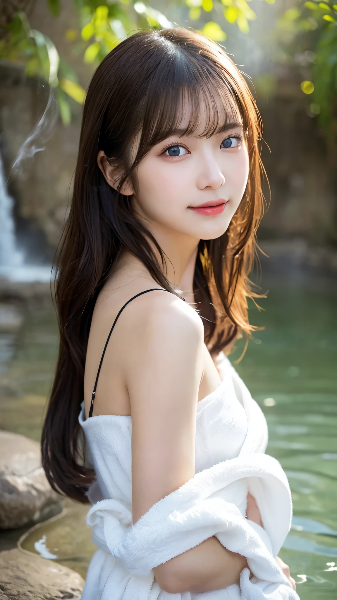 (Best-quality, Masterpiece, Ultra-High-Resolution, (Photorealistic:1.4), Raw Photo, depth of field, professional lighting), (at majestic river, flow of river, splash of water, Beautiful water quality), (1girl, 15-years-old, famous Japanese-idol, innocent smile), (wearing light-pink summer-dress), (((extremely big black-eyes))), ((((extremely beautiful and extremely realistic skins)))), ((extremely beautiful long-eyelashes)), ((extremely cute face like a Japanese-idol)), ((black long-hair))