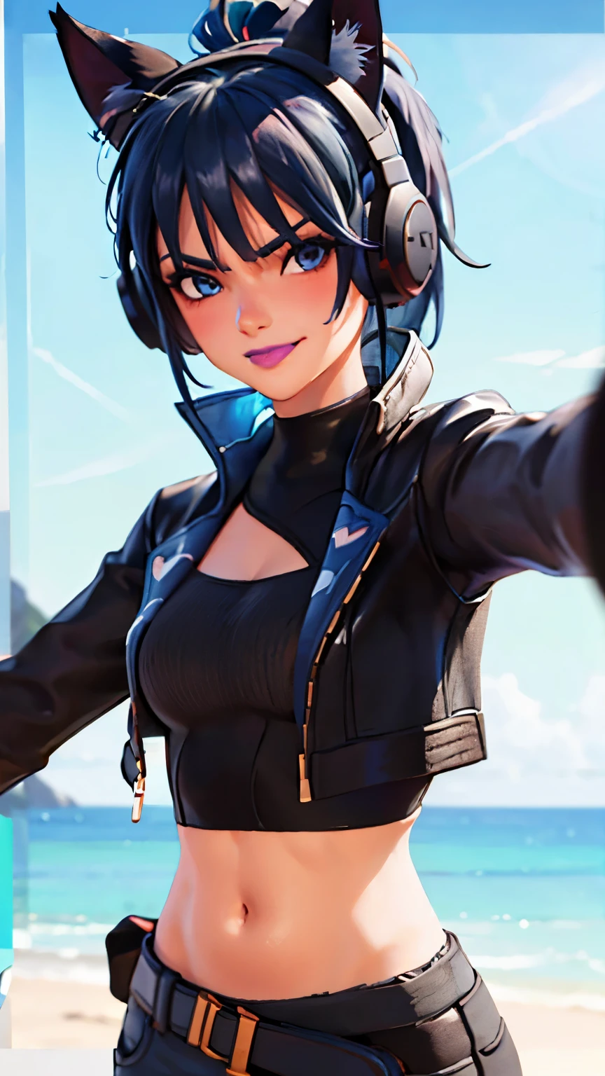 SplitScreen, split screen, Beach background, 2D, 1girl, blue hair, ponytail, short hair, blue eyes, eyeshadow, (blush:1.1),upper body,heart, (speed lines:1.1),medium breasts, outstretched arms, love, heart, black jacket, jacket crop top, navel, cat ears headphones, black crop top, purple lips, angry, smile, ((licking her lips:1.2)), looking at viewer, facing viewer