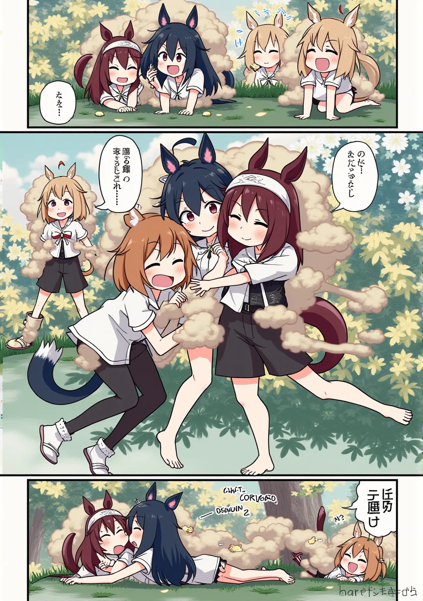 an animated woman getting with a big cock itween her tits, 1girreasts, satonnd(umamusume), 1boy, hetero, nipples, sex from behx, drunk,ggystyle, large bsts, nude, clush, hair bow, swl fours