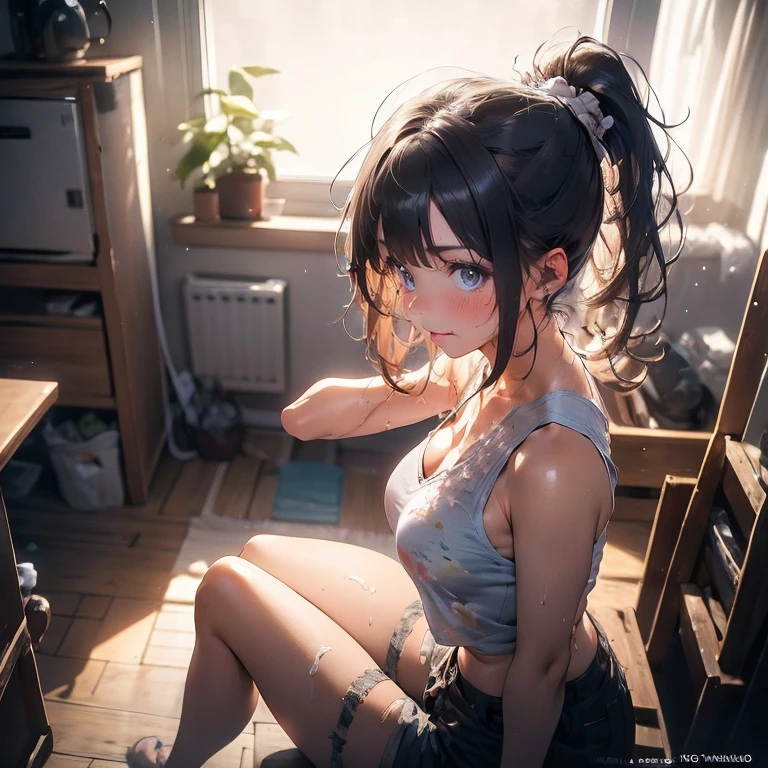 full body Waifu beautiful detailed eyes, beautiful detailed lips, extremely detailed eyes and face, longeyelashes, 1girl, sensual, young woman, sexy medium / large breasts, beautiful feminine face, nice sexy thighs, slim, sexy, erotic, beautiful clothes, perfect body, perfect anatomy of female, cinematic lighting and framing, (best quality,4k,8k,highres,masterpiece:1.2),ultra-detailed,digital painting,portrait,glamorous,highly detailed,soft lighting,warm color tones masterpiece, Highest quality, High resolution, (Makoto Kino),1990s \(style\),height: 175cm, Brown long hair,ponytail、 sexyな長い脚, Loose fitting tank top,Very good,Shorts, Bedroom,(E-cup beautiful breasts)、Sweating all over the body、vapor、Muscular、sexy、A face writhing in pleasure、Sweaty、Configuration from the front、smile、look up,Semen splattered on face、Anime-style painting style,Composition focused on the upper body