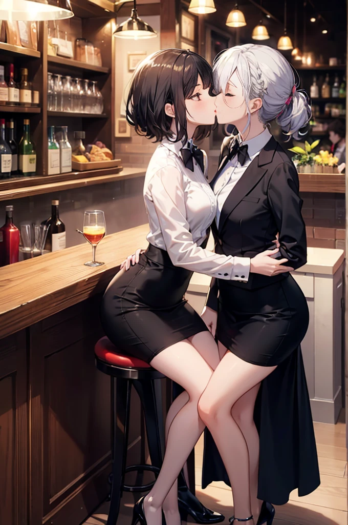(masterpiece), 4K,{{{2 women}}}, Bunny girl,Lesbian,shoes,bar,Random Hairstyles,Bunny ears,kiss,((Lesbian Kiss)),Shooting from afar