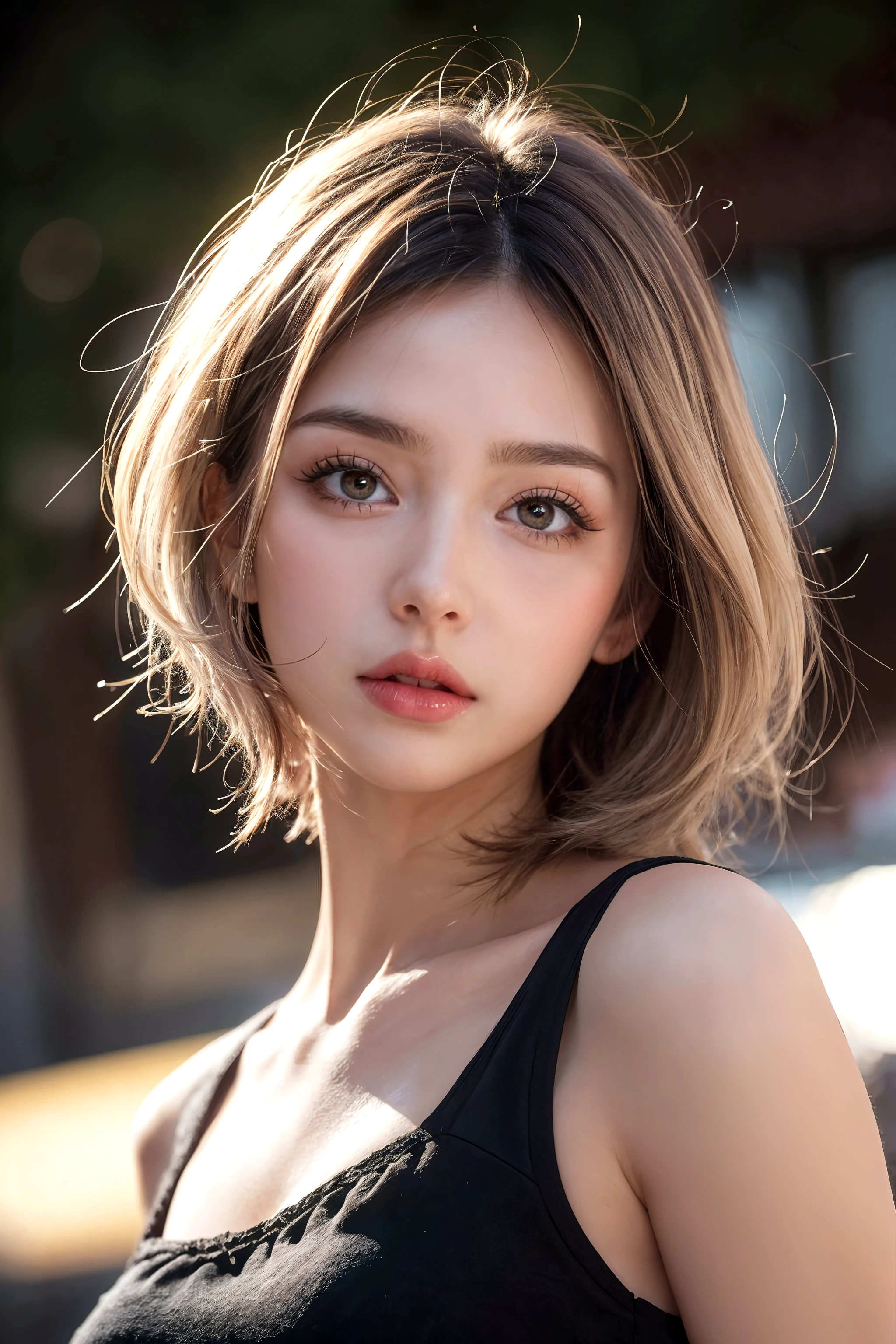 Beautiful woman、1 person,Very cute and slim、Excellent style 、((8k images、super high quality))、Very delicate face, Skin and Hair、Red lipstick、straggling hair,(((((Mid-length hair、Light brown hair、Blonde hair))))),Very cute cut face、Eyes and nose are clearly visible、Kind eyes,(((lingerie、Simple Background、Looking at the audience)))