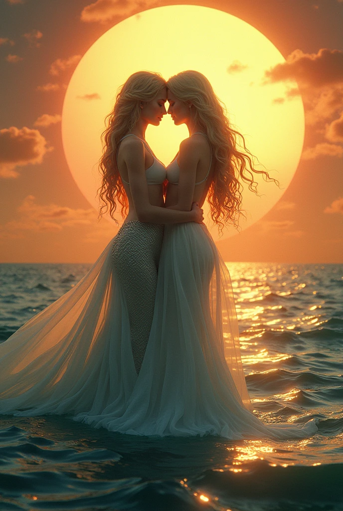 (realistic photo:1.37), Beautiful face profile, Summer sea evening sunset, Sunset overlap the person, The sunset is reflected on the sea surface, (Dazzling sunset:1.4, beautiful evening sunset:1.3), 2 womens on the beach, Two beautiful women hugging each other's waists and looking at each other, (Lens Ghosting:1.5, lens flare:1.2, Octagon-shaped lens ghost), Fiery Horizon, sensual, (Silky platinum blonde Hair:1.2), (The other one woman ultra Shiny straight black hair:1.3), ((Natural backlighting:1.4)), detalhes faciais, ((one woman wears lace tiered mini skirt and sheer white Summer clothes)), ((The other woman wears a sheer tulle skirt and Sheer Summer Dresses)), ((full body view:1.2)), very beautiful face, A well-balanced face profile, blonde girl and Black Hair girl, erotic a look, Highly detailed face, Slightly slimmer body, Realistic Skin, 
BREAK. masterpiece, ultra high resolution, high definition RAW photograph, Highly detailed CG, best quality, 4K, perfect anatomy, perfect proportions, Romantic Landscape, Sparkling sea, Accurate limbs, Back blur, Hand details, finger details, Slightly large butt, erotic body