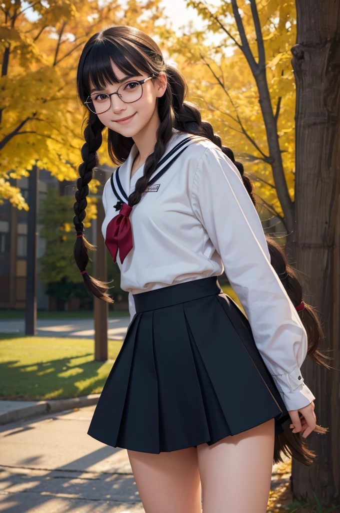 (best quality,4k,8k,highres,masterpiece:1.2),ultra-detailed,realistic,  girl, long black hair, bangs, braids, glasses, pale skin, small nose, narrow waist, wide hips, smiling, high school sailor uniform, dark skirt, outdoors, autumn, vibrant colors, soft lighting, full length picture
