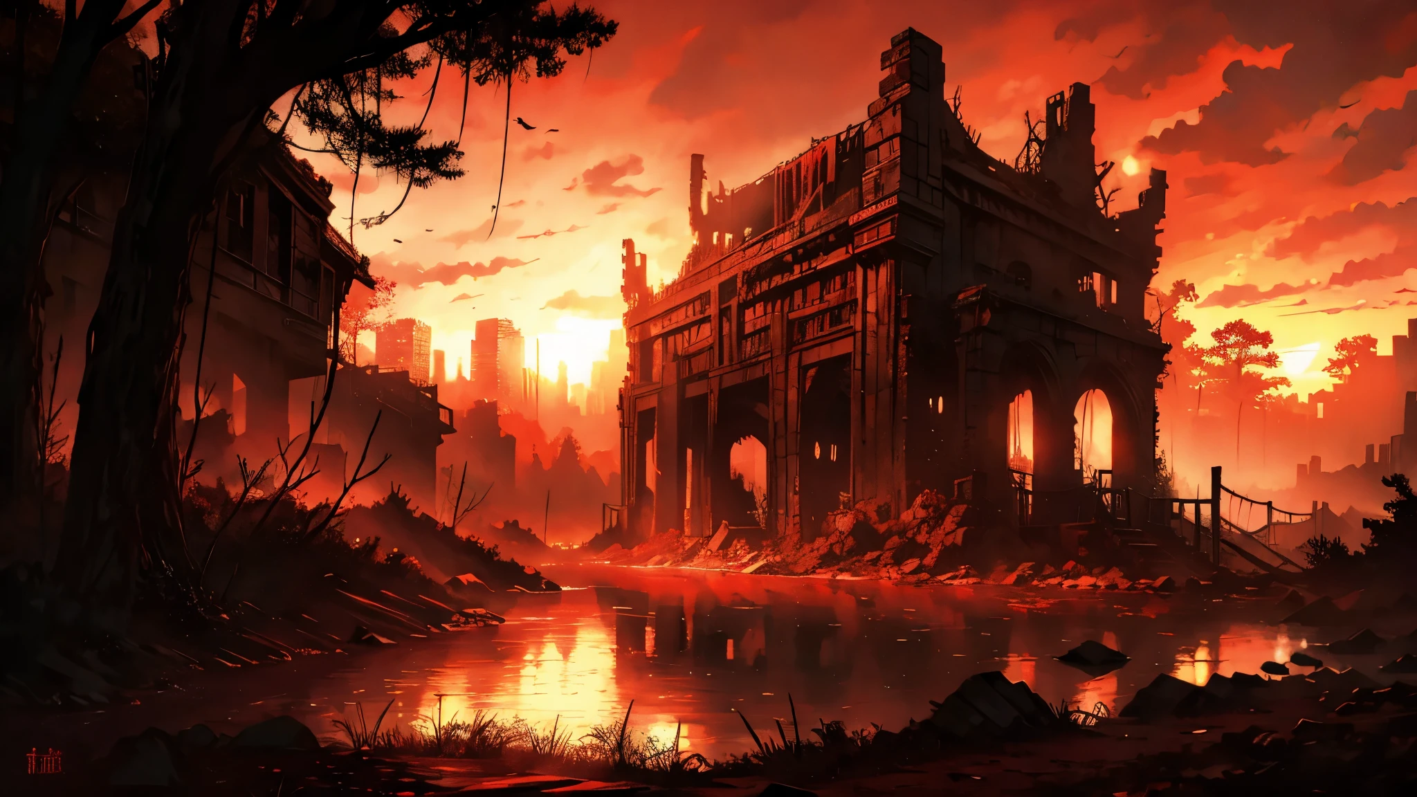 Detailed dark landscapes, despair的な, Dystopian atmosphere, despair, Swamp with bare broken trees, The image is illuminated by the bloody dark red light of the setting sun, Collapsing cityscape