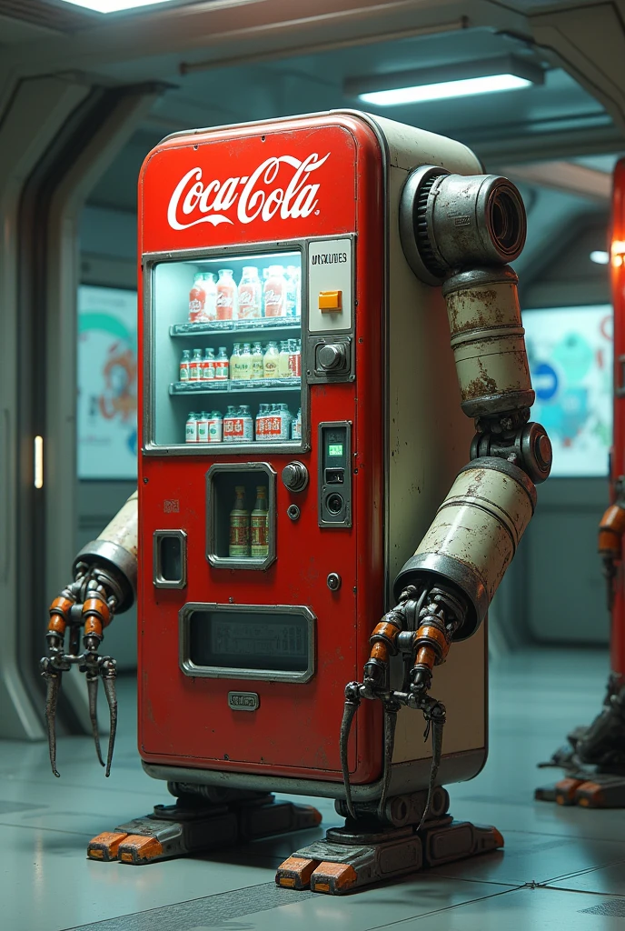 A vending machine has two arms and two legs , robot ,Antique ,Pepsi，Space Station