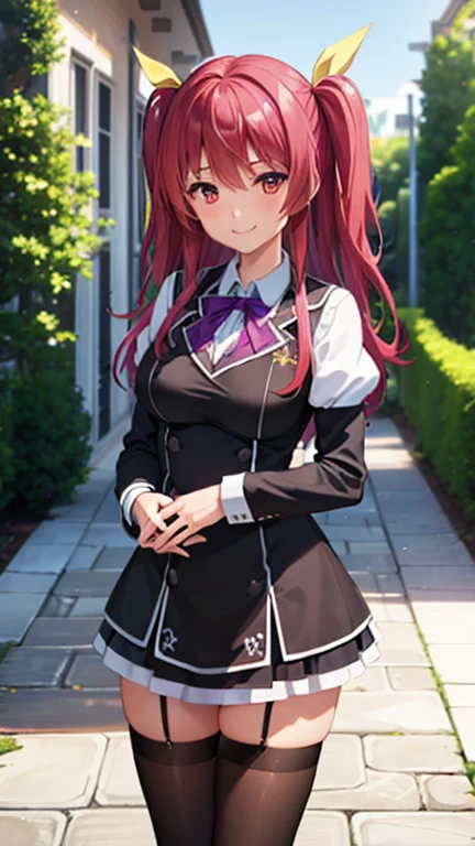 ​masterpiece、top-quality、1 girl in、stella vermillion、Uniforms、garter strap、black thighhighs、self-assured、Smiling school courtyard、is standing、cowboy  shot、a smile