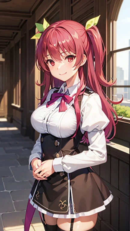 ​masterpiece、top-quality、1 girl in、stella vermillion、Uniforms、garter strap、black thighhighs、self-assured、Smiling school courtyard、is standing、cowboy  shot、a smile