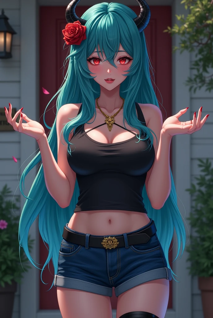 ((masterpiece, best quality)), 1girl, hikari, pokemon, blue hair, white beanie, cute, looking at viewer, black button up vest, red scarf, red watch, gold bangle,pink mini skater skirt, blush, indoors, lying on bed, pillow, shiny skin, oil, oily, armpits, shiny armpits, one arm up, spread armpit