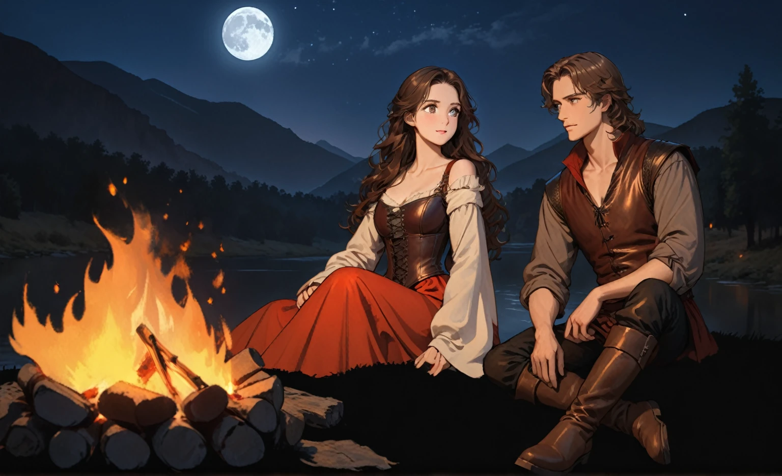 masterpiece, best quality, perfect face, expressive eyes, campfire, night scene, two people, sitting by the fire staring at each other appreciably, medieval fantasy renaissance. woman on the left wearing red dress with a leather corset and long open shoulder sleeves, she have black wavy hair and brown eyes. man on the right wearing grey shirt with a leather vest, black pants and boots, he have long wavy brown hair and brown eyes. campfire in front, dark silhouettes of trees, mountains and a river flowing in the background, deep blue sky replete of starts and a full moon, soft natural lighting from the fire, warm and cozy atmosphere, low angle, balanced exposure