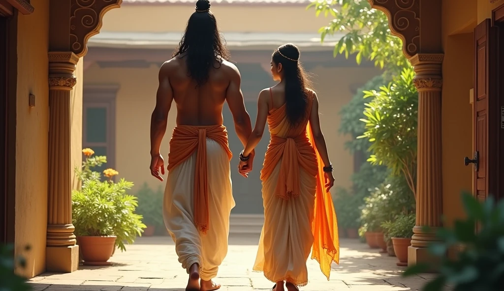 Create an AI image of man wearing dhoti and woman wearing saree ...Both of them holding the hands beside lord Shiva statue.