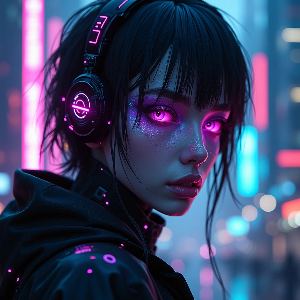 A highly detailed portrait of a solo 1girl standing on a street corner, during a rainstorm with lightning strikes and a cloudy sky, neon and cyberpunk background, she is wearing punk clothes with silver chains and silver spikes, she has a butterfly wing hairclip in her wild hair, she has headphones and a necktie on, petite, detailed glowing red eyes with distinct pupils, ominous aura Halo, smile, punk, cyberpunk, backlighting, chromatic aberration, depth of field, soft lighting, masterpiece, best quality, intricate, tone mapped, highly detailed, artstation, concept art, smooth, sharp focus, dramatic lighting, highly detailed artwork, cinematic, hyper realistic painting, trending on Artstation, 8K, incredible shadows, realistic, (highly detailed background:1.0)