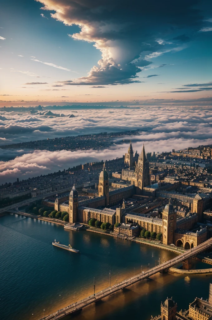 A sprawling aerial view of interconnected cities suspended above billowing clouds, each city square-shaped and evoking a vintage aesthetic. This Ultra High Definition image captures the detailed intricacies of multiple urban landscapes blending into the sky. The antique architecture and winding streets create a mesmerizing panorama of a metropolis frozen in time, rendered with unparalleled clarity and precision. Vivid colors and intricate details bring this breathtaking scene to life with an exquisite quality that immerses viewers in a realm of bygone charm and architectural beauty.