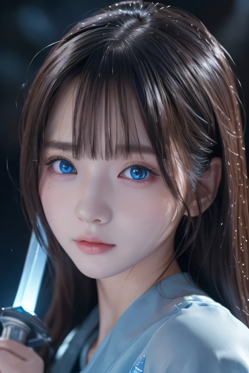 (8k、masterpiece、Highest quality、High resolution、Super Resolution、Very detailed、best quality、ultra detailed)、(detailed skin、detailed face)、 (Upper shot close-up)、solo、、Dark cave background、Watery blue eyes that glow in the dark、beautiful girl with a cold face、Holds up a sword that emits blue light