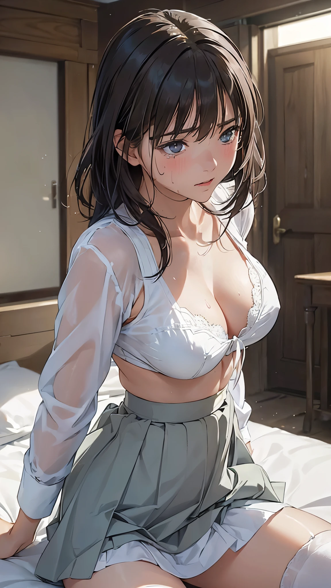 ((see-through white shirt)), school uniform, short sleeves, (((Black plaid skirt))), (((breast cleavage))), undressing, Half-naked shirt, all open clothes, Half-naked, bed, (((((night))))), ((((After Sex)))), ((((After Fuck)))), black hair, one girl, sun oil, lotion, (Thighs), calves, (((wet skin))), (((swet))), medium breasts, Authentic shiny skin texture, wet clothes, (((breast squeeze))), (((breast hold)))