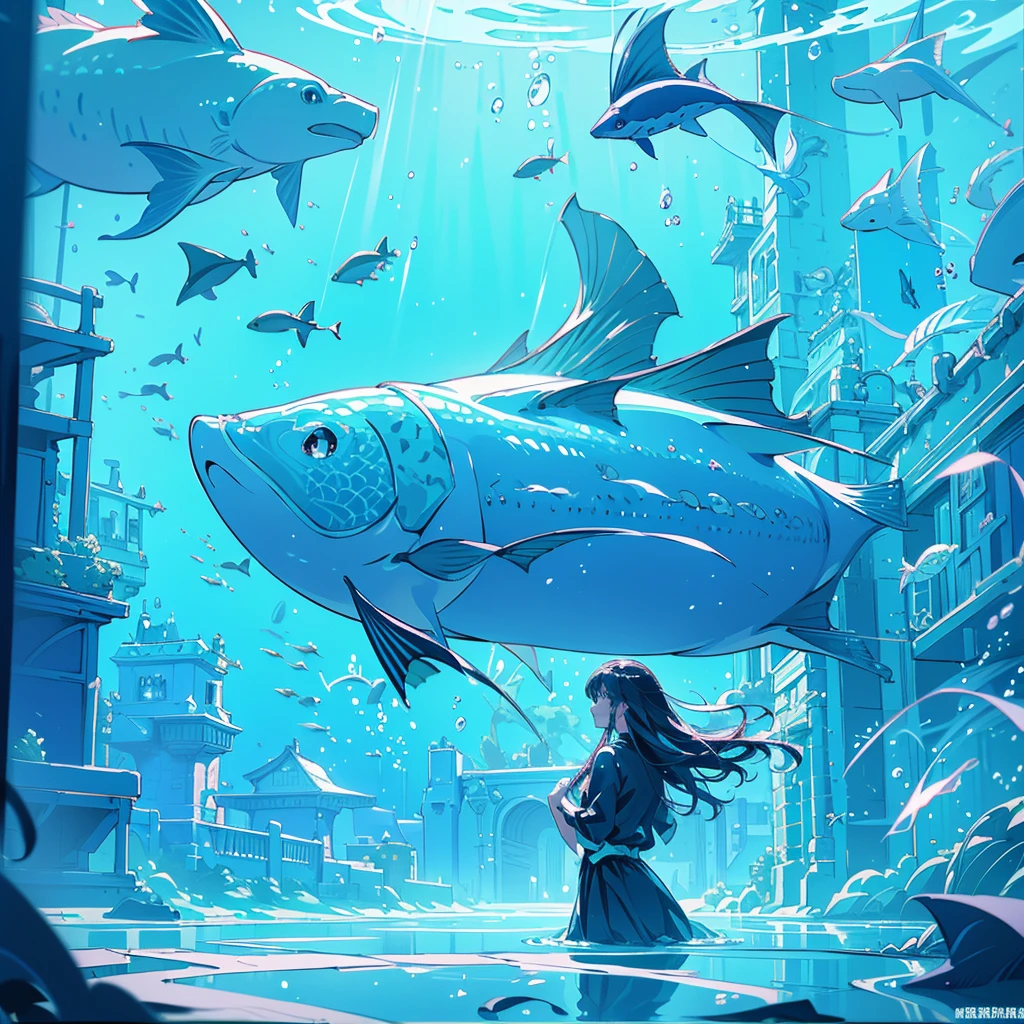 1girl、Absurd、Unreal、Fantasy、(((Highest quality、Masterpiece、Official Art、Super detailed、The best composition)))、Anime Style、an underwater city、Swimming towards the entrance to another world、mysterious、