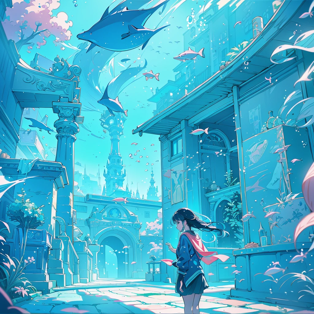 1girl、Absurd、Unreal、Fantasy、(((Highest quality、Masterpiece、Official Art、Super detailed、The best composition)))、Anime Style、an underwater city、Swimming towards the entrance to another world、mysterious、