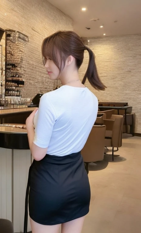 (a pretty woman with perfect figure, huge breasts, brown short bob hair ponytail, highly detailed face and skin texture, wearing mini skirt, long legs, tight t-shirt dress with no sleeves, standing and looking back, visible from behind, shot from the back angle, back detail, in the cafe, (best quality, 8k, masterpiece:1.3), sharp focus:1.2, cowboy_shot, safe for work, sfw)