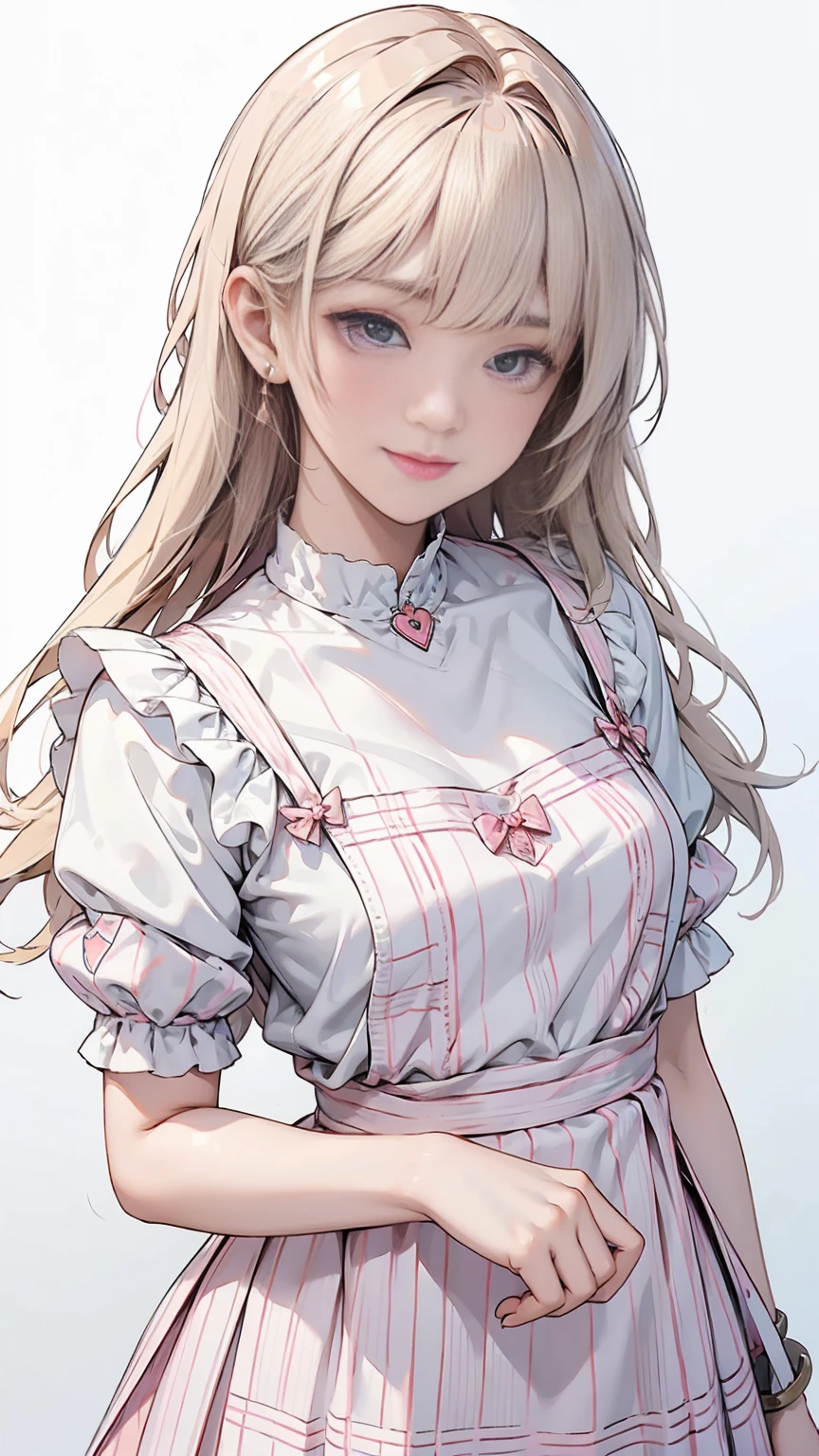 ((pastel color)), 
((from front)), ((happy smile)),
(best quality extremely detailed),
girl, 1girl, kawaii,
blunt bangs, blond hair, long hair, BREAK,
light pink eyes,  BREAK, Long eyelashes, BREAK,
((pink frill apron)),
White frill blouse, BREAK, Pink checkered pleated skirt, BREAK,
((Simple white background)),