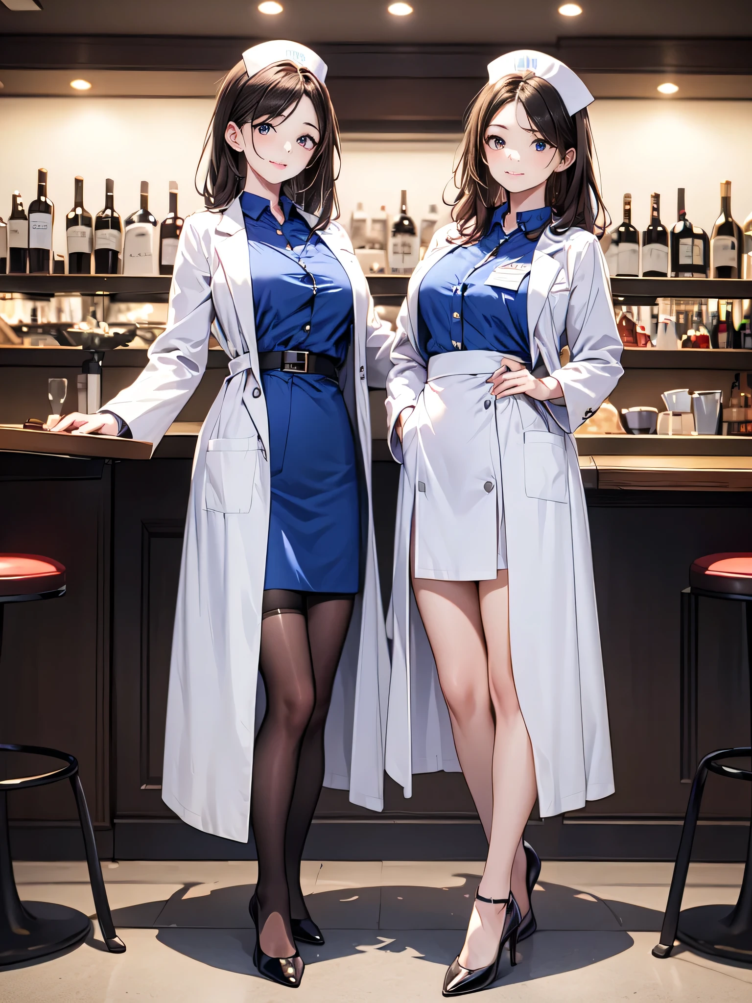 (masterpiece:1.3),(best quality, highest quality),((Full Body Shot,Including face)),(1girl:1.2),4K,masterpiece,((Focus on the face)),((Symmetrical facial features)),Beautiful woman,slender,Beautiful feet,((nurse服、Blue Shirt,skirt,Black High Heels,Black Garters,Tockings)),Detailed depiction of the face(Café Bar:1.5),Panty shot,(nurse:1.2),(White long coat,Name tag、Ballpoint pen)、During meals