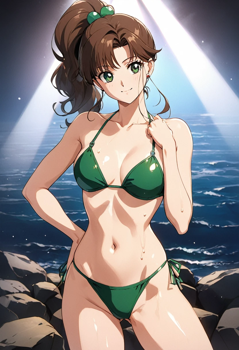 masterpiece, Highest quality, High resolution, (Makoto Kino),30 years old, adult lady, (tall:1.2), fashion model body shape, 1990s \(style\),height: 175cm, Small face,Green swimsuit、Green Bikini,(E-cup beautiful breasts)、、Sweating all over the body、Beautiful big 、Muscular、sexy、Sweaty、Configuration from the front、smile、Anime-style painting style,Brown Hair、ponytail、A dynamic pose,A composition that focuses on the whole body,Cinema Lighting,Super Fine,Best aesthetics,The background is the sea